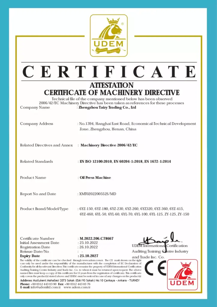 Certificat CE pour les presses à huile