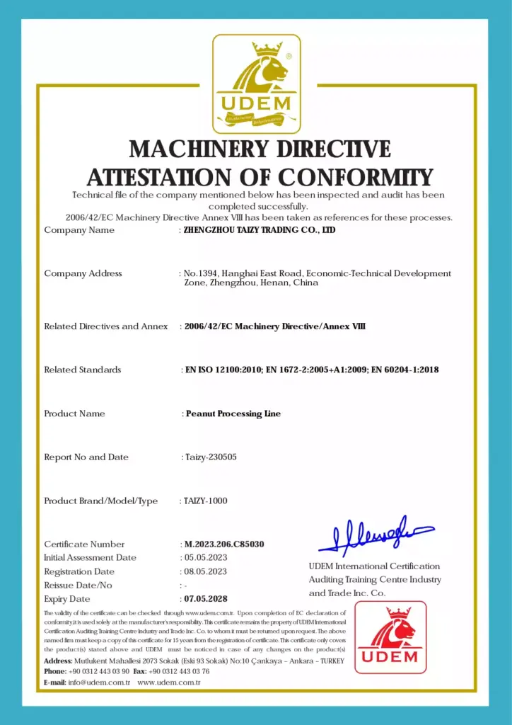 Ligne de traitement des arachides Certificat CE